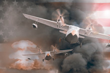 Memorial Day / View Of Fighters Vintage Planes In War With American Flag Background.