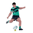 Grunge rugby player in green and black jersey kicking ball, abstract scratched vector illustration