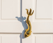 Old Wooden Door To House With A Brass Knocker In The Shape Of A Fish, Sea Element