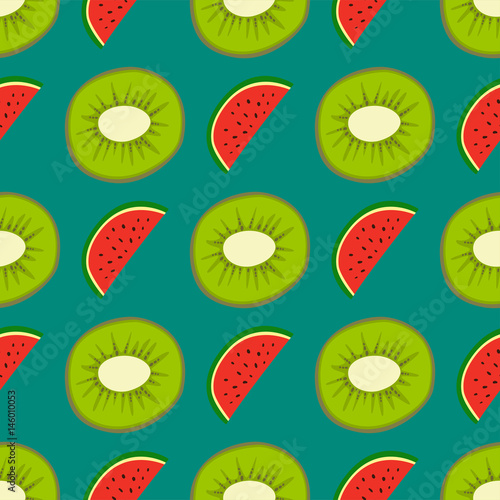 Cartoon fresh kiwi fruits in flat style seamless pattern food summer design v...