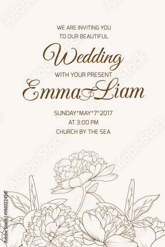 Wedding Marriage Event Celebration Invitation Rsvp Template Portrait Orientation Card Peony Rose Flowers Garland Foliage Bouquet Detailed Drawing Brown Outline Sketch On Sepia Beige Background Buy This Stock Vector And Explore,Line Art Simple White Aesthetic Wallpaper
