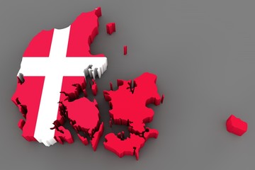 Wall Mural - Country shape of Denmark - 3D render of country borders filled with colors of Denmark flag isolated on grey background