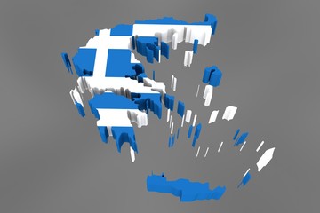 Wall Mural - Country shape of Greece - 3D render of country borders filled with colors of Greece flag isolated on grey background