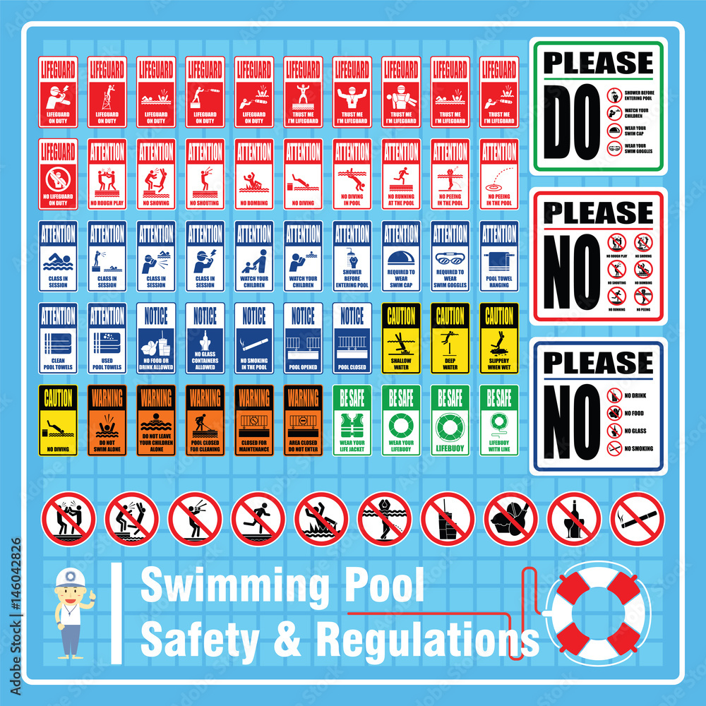 Set of Labels and Signs of Swimming Pool Safety Rules and Regulations ...