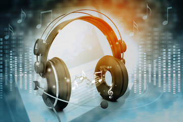 Headphone with music symbols on digital background. 3d render.