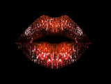 Brilliant lips with red lipstick isolated on black background. Lip gloss, cosmetics for makeup. Sensual sexy female lips. Contour of painted lips