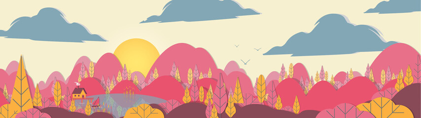  Paper-cut Style Applique Panorama Forest with Lake and Small House - Vector Illustration.
