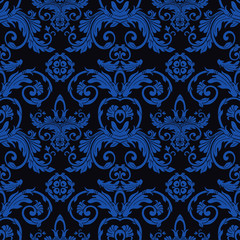  Vector damask seamless pattern, blue on black background