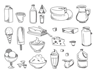 Wall Mural - doodle dairy and milk products. vector hand drawn icons