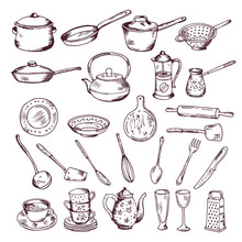 Hand Drawn Vector Illustration Of Kitchen Tools Isolate On White Background