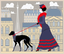 The Lady At The Walk With The Dog In Paris. Handmade Drawing Vector Illustration. Vintage Style