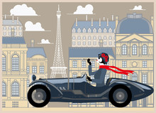 Flapper Girl In A Retro Car On A Background Of Paris. Handmade Drawing Vector Illustration. Vintage Style.