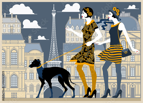 Two flapper girls walking with a dog in the center of Paris. Handmade ...