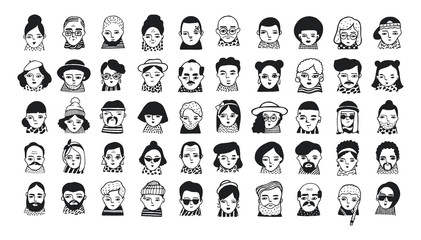Wall Mural - Big set of people avatars for social media, website. Doodle portraits fashionable girls and guys. Trendy hand drawn icons collection. Black and white vector illustration.