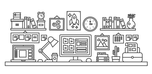 Wall Mural - vector illustration of black line single colored office table with computer. outline style.