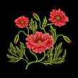 Embroidery stitches with red poppy wild flowers, fashion patch. Vector embroidered ornament on black background for traditional folk floral decoration, ethnic pattern.