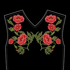 Wall Mural - Embroidery stitches with red poppy wild flowers, fashion patch for neckline. Vector embroidered ornament on black background for traditional folk floral decoration, ethnic pattern.