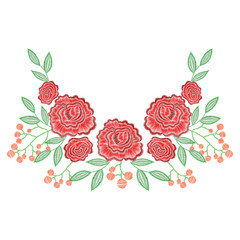 Wall Mural - Embroidery stitches with rose flowers, berries for neckline. Vector fashion embroidered ornament, pattern for textile, fabric traditional folk decoration.