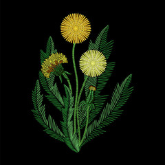 Wall Mural - Embroidery stitches with wildflowers, fashion Dandelion flower patch. Vector embroidered summer ornament on black background for fabric traditional decoration.