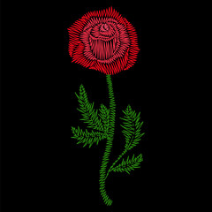 Wall Mural - Red rose embroidery stitch on black background.