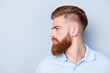 © deagreez - Side view close up portrait of handsome bearded young serious man in polo isolated on copyspace