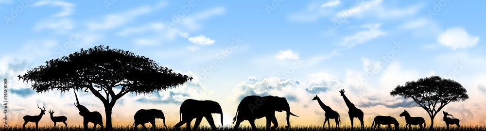 Animals of Africa. Silhouettes of wild animals of the African savannah ...