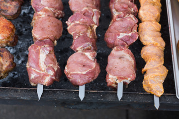 Sticker - Beef and chicken kebab. Fresh meat at grill, bbq