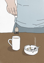 Illustration Of Man Holding Teabag Above Cup By Ashtray On Table