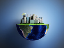 Urbanization Concept With Globe And City On Abstract Green Background 3D Rendering On Blue