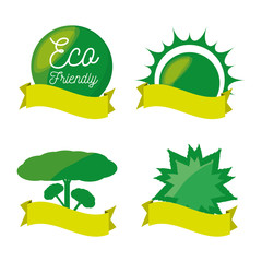 Sticker - set green icon and ribbon for planet conservation, vector illustration