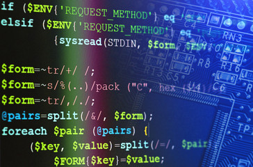 Wall Mural - Software computer programming code and circuit board abstract technology background 