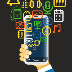 Poster - Man holding modern smartphone with color app icons