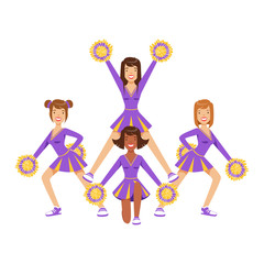 Wall Mural - Cheerleader girls with colorful pompoms dancing to support football team during competition. Colorful cartoon character vector Illustration