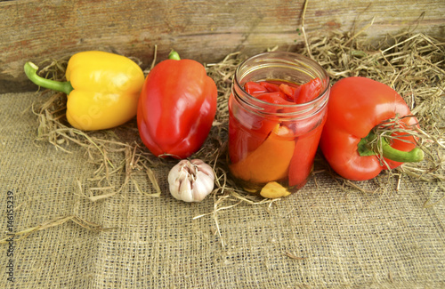 Download Pickled Peppers Are In A Glass Jar Fresh Red And Yellow Sweet Pepper Is On A Table Buy This Stock Photo And Explore Similar Images At Adobe Stock Adobe Stock PSD Mockup Templates