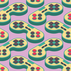 Joystick retro seamless pattern. Gampad Game console 8 bit texture. Retro video game control background