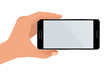 Male hand holding a phone with blank screen. Flat Isolated illustration on white background