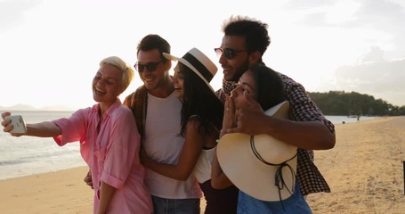 Sticker - Peopel Group Take Selfie Photo On Cell Smart Phone On Beach, Happy Smiling Man And Woman Friends Summer Vacation Slow Motion 60