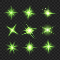 green shine stars with glitters, sparkles icons set. effect twinkle, glare, scintillation element si