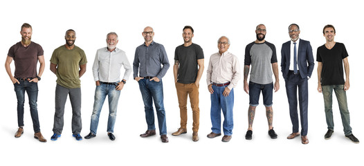 diversity men set gesture standing together studio isolated