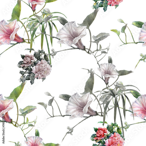 Fototapeta na wymiar Watercolor painting of leaf and flowers, seamless pattern on white background