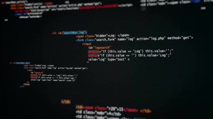 Wall Mural - 3d cgi animation of computer code and data appearing and flying in dark digital space