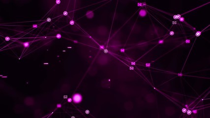 Wall Mural - cgi animation of pink glowing and flickering messaging icons connected by strings floating in digita