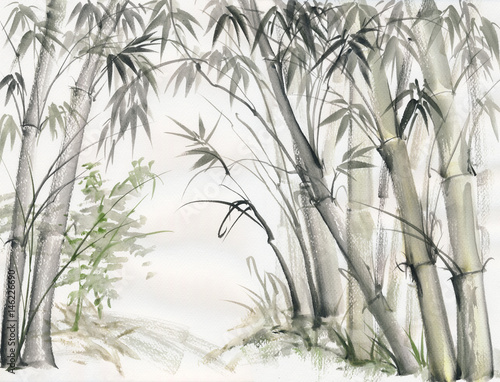 original-watercolor-painting-of-bamboo-forest-on-textured-paper