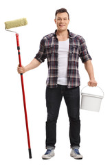 Sticker - Young man holding a paint roller and a color bucket