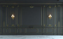 Black Wall Panels In Classical Style With Gilding. 3d Rendering