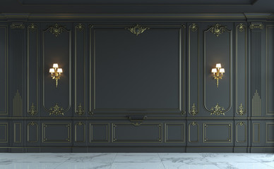black wall panels in classical style with gilding. 3d rendering