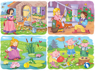 Wall Mural - Small set of fairy tale illustrations. Snow White. Cinderella. Frog prince. Three little pigs. 