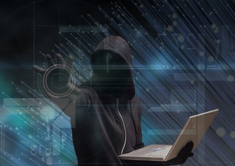 Wall Mural - Black jumper hacker with out face sit with the computer
