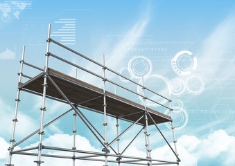 blue sky with technology interface and 3d scaffolding