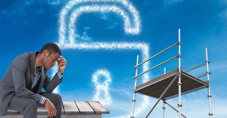 Wall Mural - Man sitting by lock security cloud with  3D Scaffolding